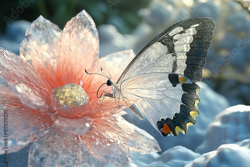 Detailed close-up of a butterfly perched on a crystal-like flower in a serene environment
