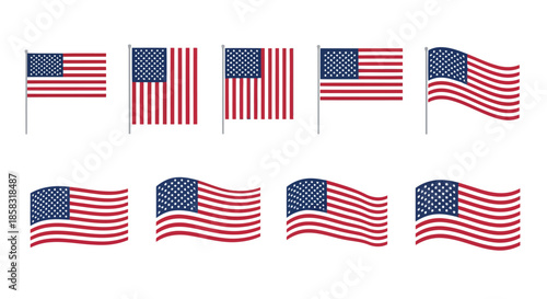 Set of eight american flags waving in the wind, isolated on