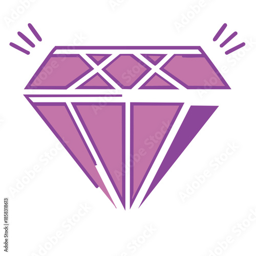 Elegant purple diamond cut in modern faceted design with reflective shining facets creating jewel-like gemstone icon vector.