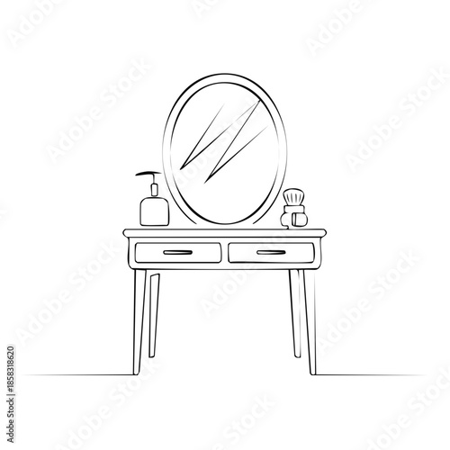 Outline Illustration of Vanity Table with Oval Mirror and Accessories
