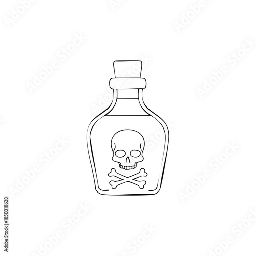 Poison bottle with skull and crossbones design, outline vector drawing