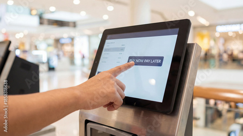 Buy now pay later installment payment option displayed on retail point of sale touchscreen terminal enabling flexible consumer purchasing and deferred financing