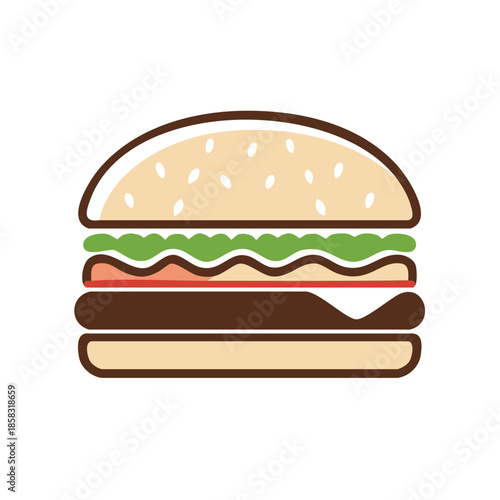 Appetizing cartoon style hamburger illustration with lettuce, tomato, cheese, and ground meat between sesame seed buns