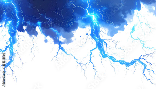 Dramatic depiction of a powerful storm, blue lightning striking across a dark cloudy sky