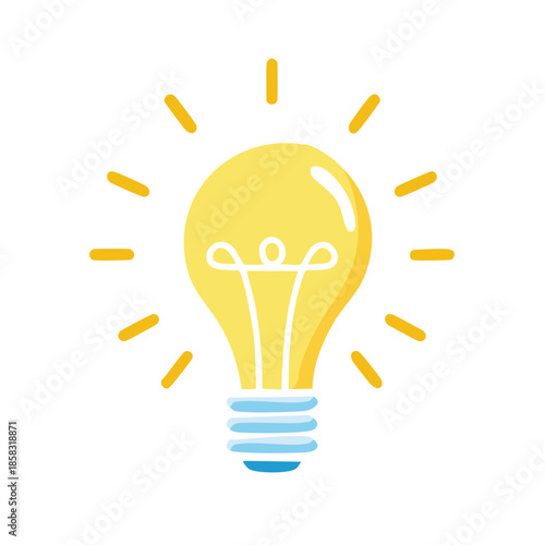 Illuminated bright yellow light bulb icon emitting light rays isolated on white background. Symbol of inspiration and innovative ideas