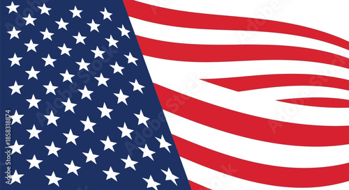 American flag waving in the wind with stars and stripes on a blue background