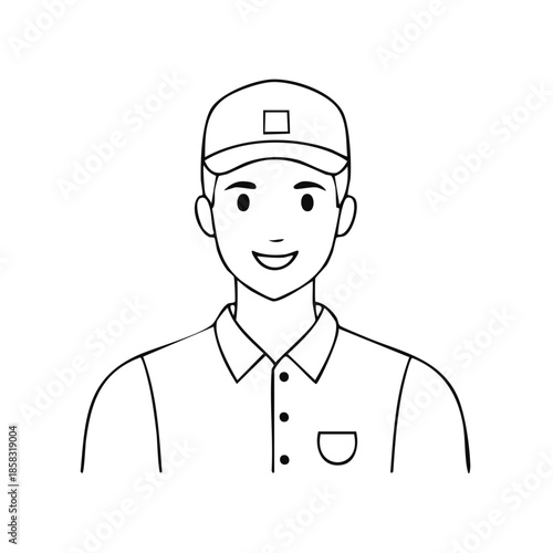 Friendly young man in uniform smiling cheerfully at viewer wearing baseball cap outlined