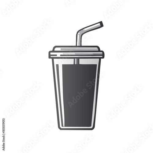 Dark Drink with Straw in Clear Plastic Cup, Modern Drinkware Icon, Food Symbol, Black and Grey Color, Fast Food or Restaurant
