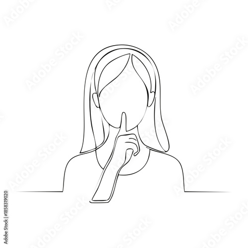 Single line drawing of woman silencing gesture, shushing with a finger to her lips