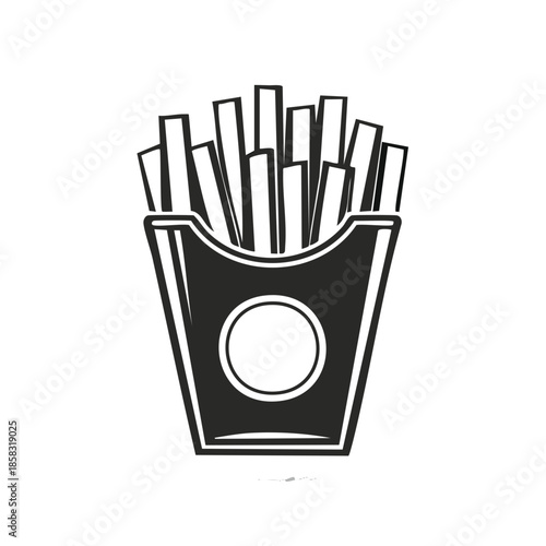 Illustration of French fries in a paper container for fast food menus and graphic design projects.
