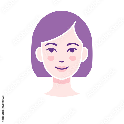 Smiling woman with purple bob haircut simple vector illustration featuring a friendly face and soft colors