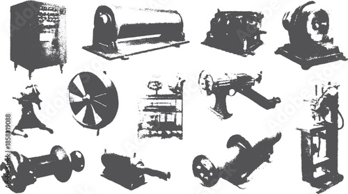Vintage machinery set featuring various mechanical devices in black and white. This vector illustration highlights unique industrial equipment.