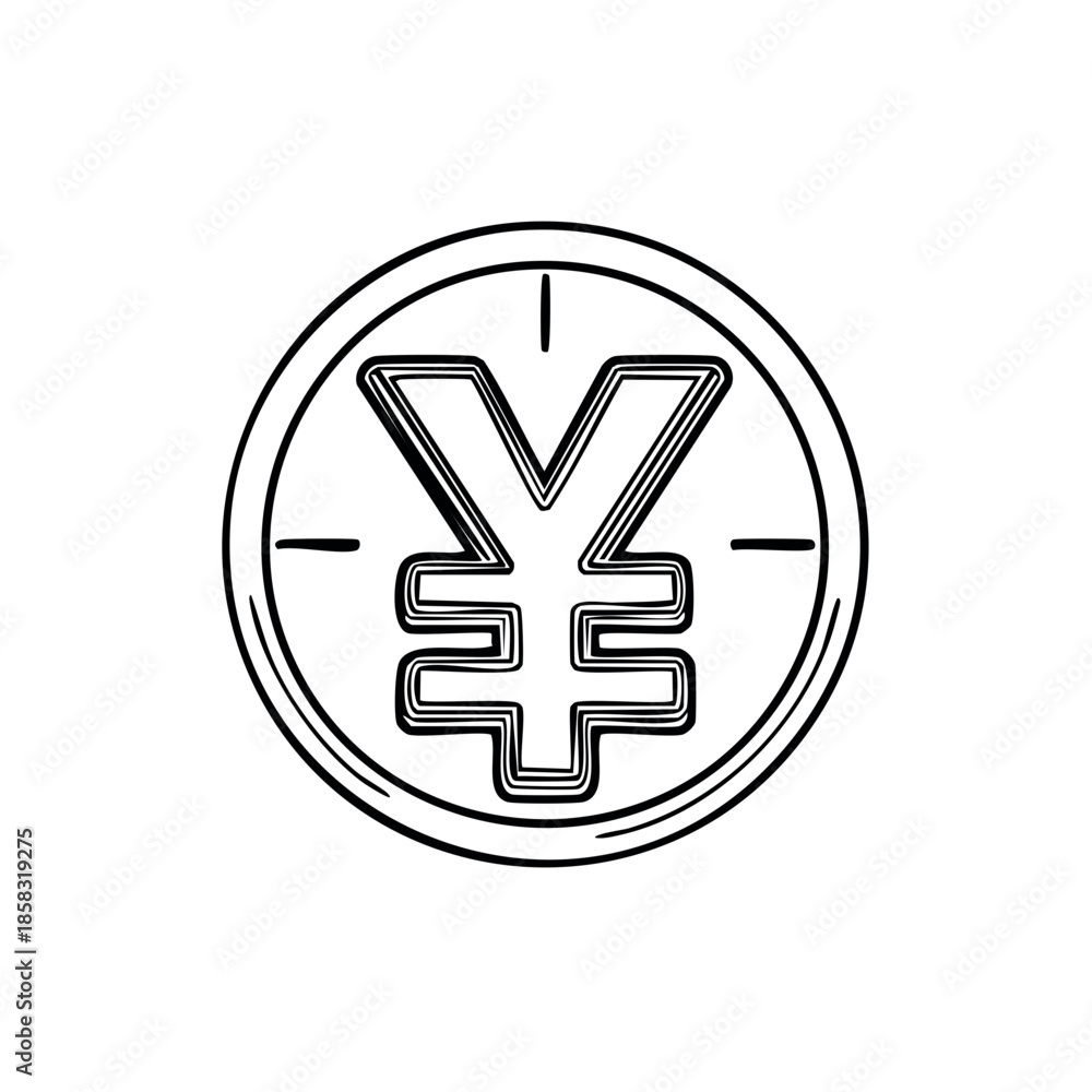 Obraz premium Sketch of Japanese Yen coin in circle, simple outline design for financial illustrations, economic concepts, trade, and payment systems in Japan and Asia