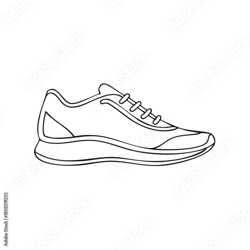 Line art of a running shoe with laces. Drawing of footwear for sports, training or athletic events. Isolated on white background