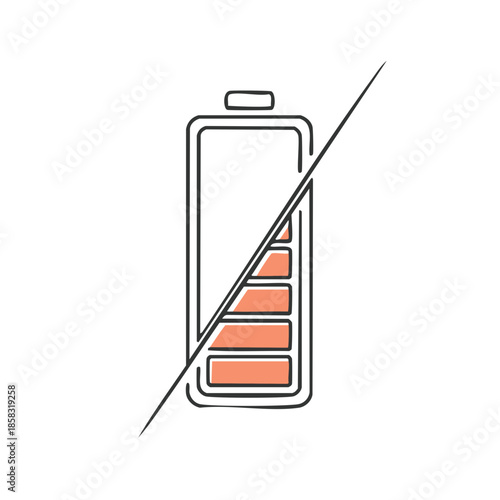 Depleted Battery Graphic: Low Charge Indicator with Diagonal Cutout, Hand-Drawn Style Representing Energy Depletion