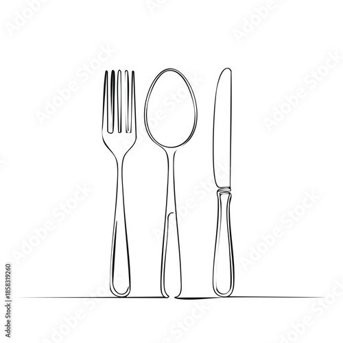Simple Line Drawing of Fork, Spoon and Knife Illustration for a Restaurant or Culinary Blog