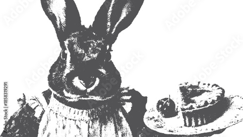 Rabbit character holding a cake on a plate in a classic vector illustration style. This artwork presents an elaborate serving concept.