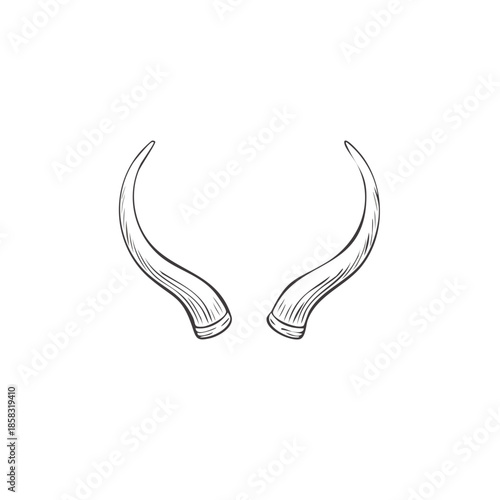 Hand-Drawn Style Animal Horns Isolated on White, Rustic, Two Horns