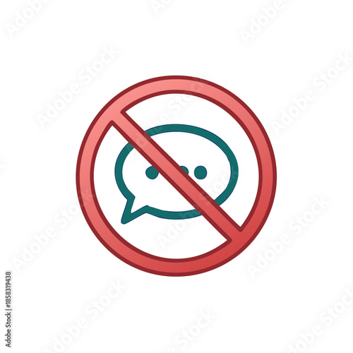Prohibition of speech bubble in a red circle emphasizes communication silence, suggesting limitations, censorship, or communication issues