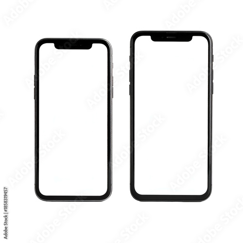 Two modern, black smartphones displayed front-facing on a black background, screens blank