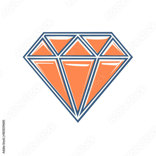 Orange Diamond Gemstone With Blue Outlines Sparkling Design Element, Abstract Jewel Icon, Vector