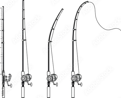 Set of fishing rod icons in various bending positions with reel and line, spinning tackle collection for outdoor hobby and sport fishing, vector.