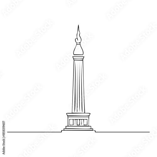Line art illustration of a towering commemorative monument with a flame on top in simple linear graphic style