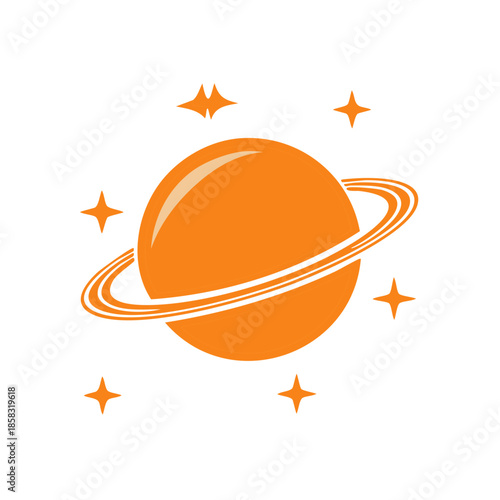 Isolated orange planet with rings orbiting in space surrounded by stars creating a bright celestial illustration