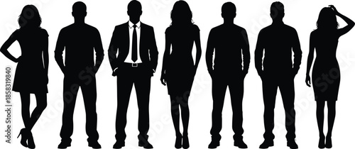 Business people silhouettes standing in row, men and women team concept, professional workforce, black vector illustration isolated