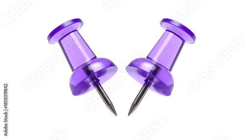 Two angled, translucent purple pushpins against a black background, with sharp metal points