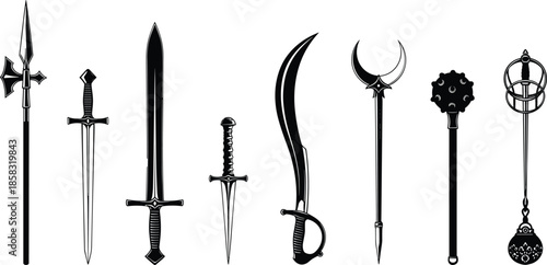 Set of medieval weapon silhouettes, ancient swords, spears, daggers, mace and halberd vector illustration, historical warrior equipment icons isolated on white background, game assets