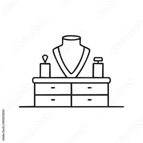 Minimalist line art of a jewelry display with necklace, perfume, and dresser showcasing fashion accessories
