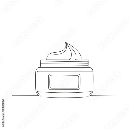 Outline Drawing of Cosmetic Cream Jar with Label and Product Inside on White