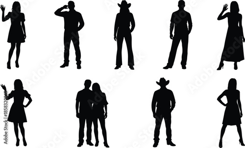 Set of nine human silhouettes, diverse standing poses, waving, saluting, couple together, casual attire, black vector illustration, isolated design, character concept