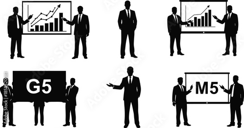 Business presentation silhouettes, corporate executives showing growth charts, teamwork strategy meeting, financial success concept, professional men, black figures isolated