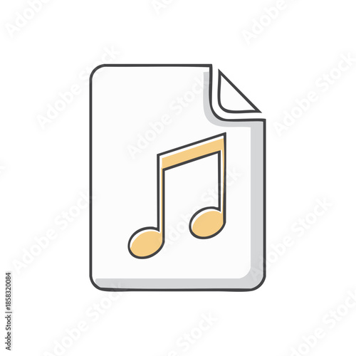 Music file icon. Paper sheet with musical note. Audio file symbol in cartoon style.
