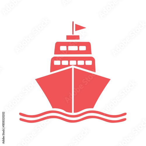Cruise Ship Icon on Water Red Silhouette. Travel & Tourism Vector Illustration.