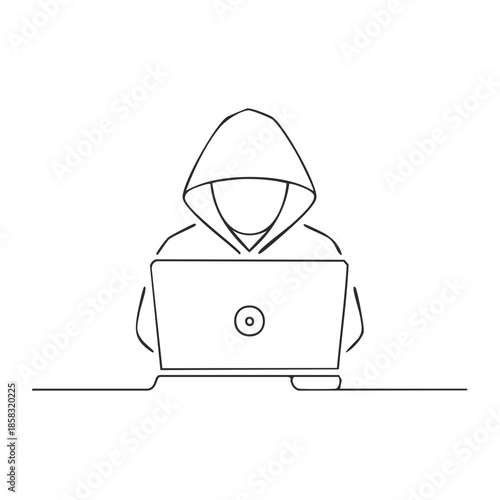 Minimalist Line Art of Hooded Figure Using Laptop Computer, Internet Privacy Threat, Cybersecurity Risk Concept