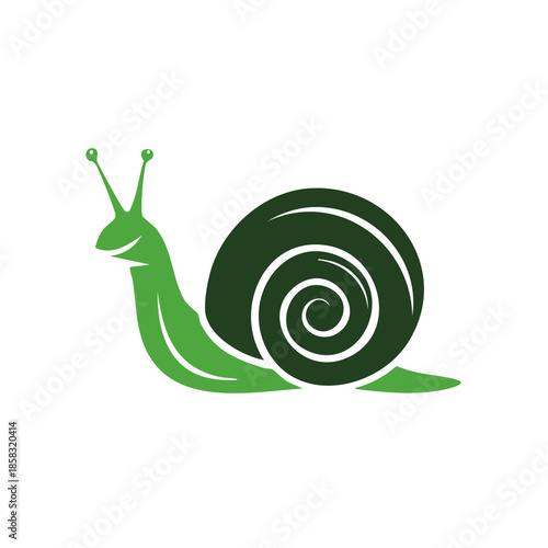 Green Snail Illustration: Stylized Mollusk with Spiraled Shell, Antennae, and Soft Body,  Vector Drawing of Gastropod, Cute Cartoon Animal Design