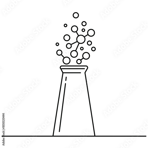 A minimalist line art illustration depicts a scientific experiment with molecules bubbling from a conical flask, symbolizing research and discovery.