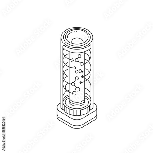This isometric line art depicts a modern cylindrical device actively processing CO2 molecules, symbolizing advanced scientific technology and environmental solutions.