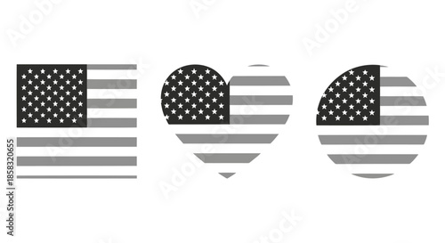 Three heart shapes with american flag design, patriotic symbol, isolated on