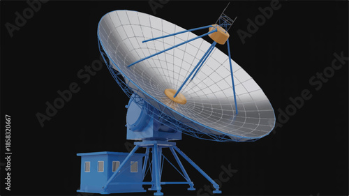 A 3D rendered illustration of a large satellite dish antenna against a black background
