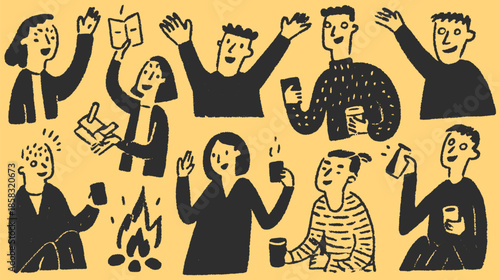 Group of people interacting and enjoying conversation around a fire. Simple vector illustration on a yellow background.