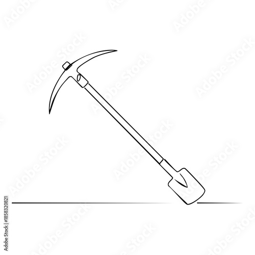 Single continuous line drawing of a pickaxe tool, mining equipment, and construction instrument.