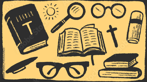 Illustration of study materials, including books, glasses, and a magnifying glass. This vector set showcases objects commonly found in educational contexts.