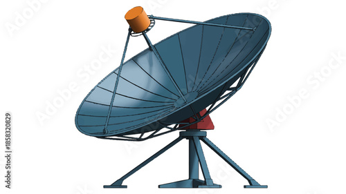 A 3D rendered illustration of a large satellite dish antenna against a white background.  