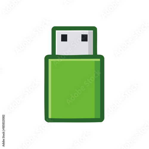 Vector illustration of a bright green USB flash drive, electronic storage device used for data transfer, data backup and portability.