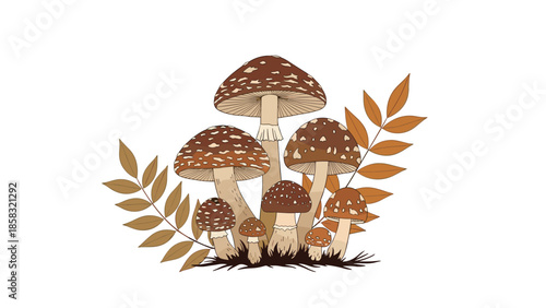 Group of brown amanita mushrooms with white spots surrounded by autumn leaves in a vintage botanical illustration style.