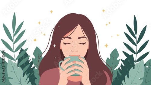Serene young woman with long hair enjoying a hot beverage with her eyes closed while surrounded by lush tropical green leaves.